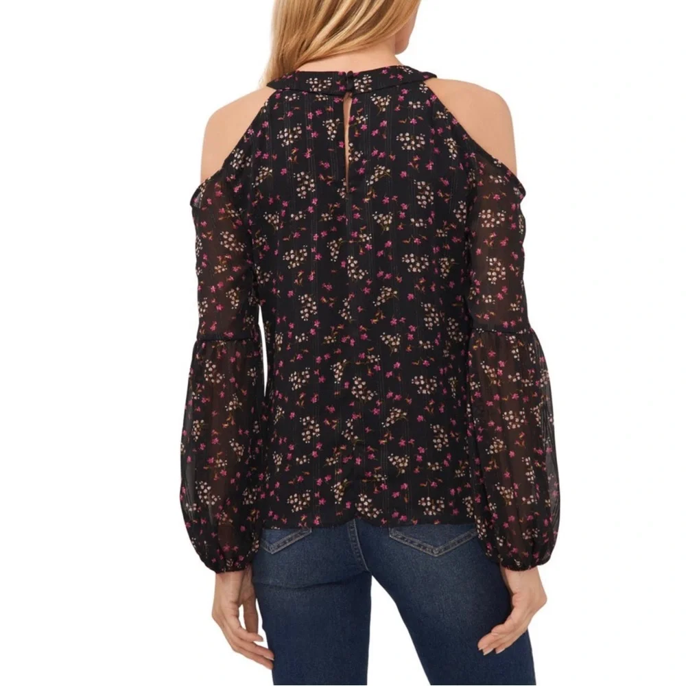 CeCe Cold Shoulder Black Floral Blouse with Lurex Accents LARGE NWT - Picture 2 of 8